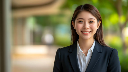 Confident Asian Businesswoman Smiling Outdoors. Professional Portrait of a Young Woman in a Suit.の素材