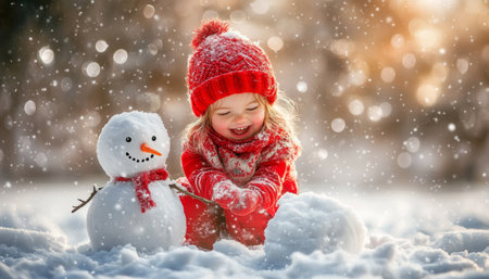 Joyful Little Girl Building a Snowman on a Snowy Winter Day, Magical Christmas Atmosphereの素材