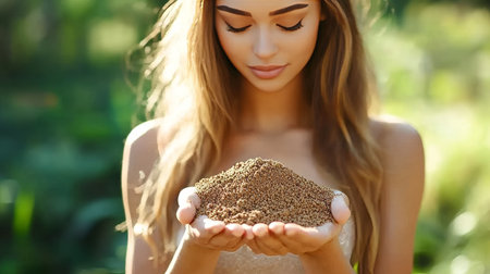 Woman Holding Fertile Soil, Closeup. Concept Of Gardening, Agriculture, Ecology, And Sustainabilityの素材