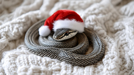Adorable Snake in Santa Hat on Cozy Knit Background, Celebrating Christmas and New Year 2025の素材