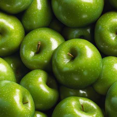 Fresh Green Apples, Close Up. Juicy Fruits, Healthy Food. Harvest. Vegetarian Background.の素材