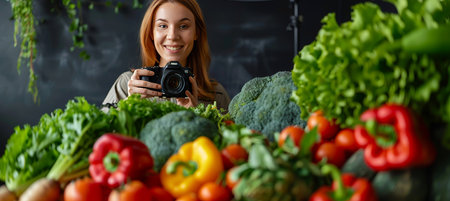 Smiling, Woman, Holding Camera With Fresh ,Ripe Ripe, OrganicVegetables. Concept Of Healthy Eating.の素材