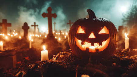 Glowing Jack OLantern in Spooky Graveyard with Fog and Candles, Halloween Night Sceneの素材