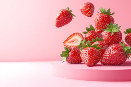 Fresh Ripe Strawberries Falling and Sliced on Pink Background, Food Levitation Conceptの素材