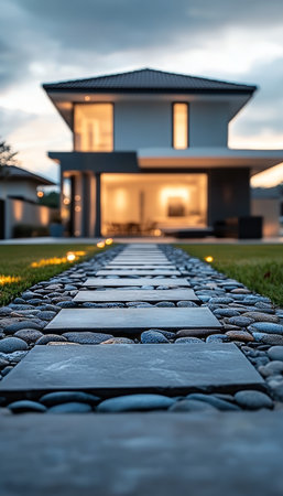 Modern Home With Backyard Garden, Featuring An Illuminated Stone Walkway At Dusk, Tranquil Scene.の素材
