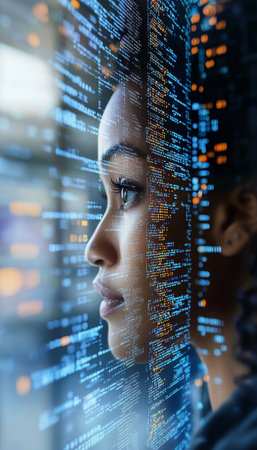 Serious Female Tech Professional Analyzing Holographic Data Code, Cybersecurity and AI Conceptの素材