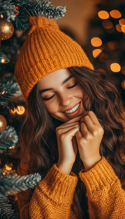 Festive Cheer, Portrait of Joyful Brunette Woman by Christmas Tree in Cozy Golden Hour Lightの素材