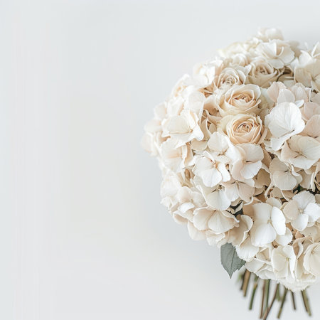 Elegant Minimalism Close-Up of Lush White Hydrangea and Rose Bridal Bouquet on White Backgroundの素材