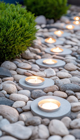 Pathway Lit by Solar Garden Lights in the Rocks. Garden Design with Glowing Disk Lamps at Evening.の素材