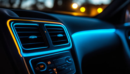 Car Interior. Dashboard Closeup. Modern Car Detail with Futuristic Ambient Blue LED Lighting.の素材