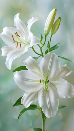 Two White Lily Flowers on Blue Background. Floral Still Life. Fragrant Bouquet, Postcard Imageの素材