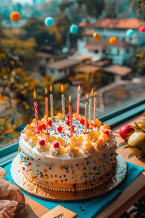 Birthday Cake with Lit Candles and Festive Confetti, a Celebration by the Sunny Window, Sweet Treatの素材