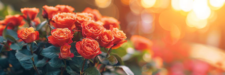 Beautiful Orange Roses Bask in the Golden Glow of Late Afternoon Sunlight in a Tranquil Garden.の素材