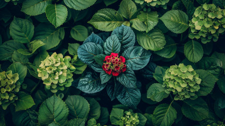 Solitary Red Bloom Amidst Lush Green Foliage A Stunning Display of Natural Contrast.の素材