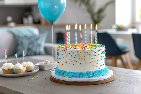 Birthday Cake with Lit Candles, Sprinkles, and Balloon in a Cozy Home Celebration Settingの素材