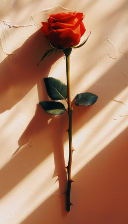 Single Red Rose, Golden Hour Bloom Minimalist Floral Still Life with Dramatic Shadowsの素材