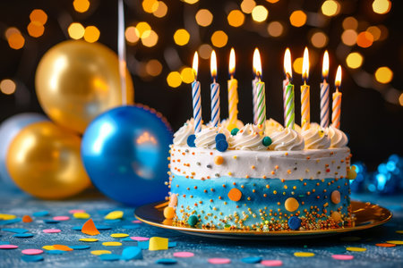 Blue And White Birthday Cake With Lit Candles, Balloons, And Festive Bokeh Backgroundの素材