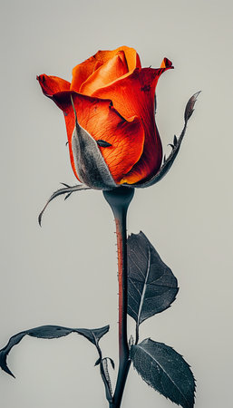 Single Vibrant Orange Rose on a Gray Background, A Timeless Symbol of Love and Passion.の素材