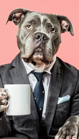 Gray and White Dog in Formal Business Suit with Tie Holds Coffee Mug, Isolated on Pink Backgroundの素材