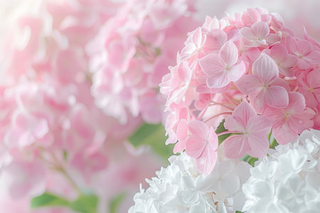Pastel Pink Hydrangeas and White Roses in Bloom, Soft Focus Floral Background, Spring Flowersの素材