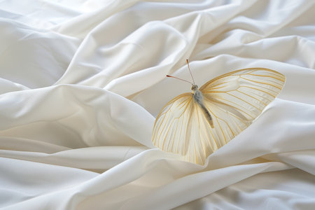 Delicate White Butterfly on Flowing Silk A Study in Soft Textures and Subtle Detailsの素材
