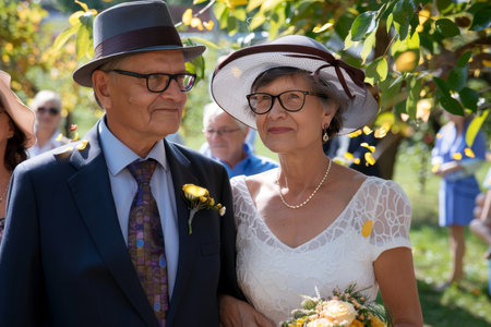 Elderly Couple, Bride And Groom, In Second Marriage Ceremony Under Tree With Yellow Flowers.の素材