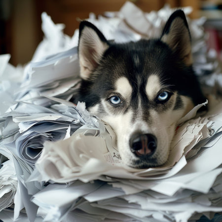 Guilty Husky Dog Lying Down Among Pile of Destroyed Paper Documents After Making Mess at Home Officeの素材