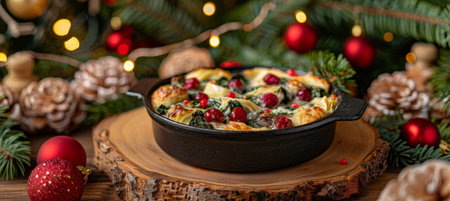 Festive Christmas Dinner Savory Spinach and Artichoke Dip with Cranberries on Rustic Table Settingの素材