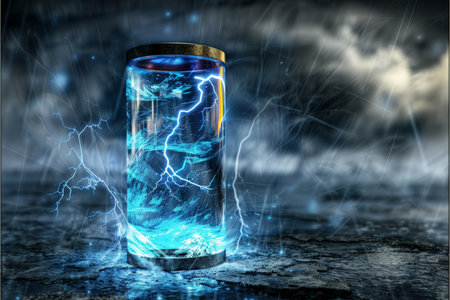 Blue Energy Drink, Storm in a Glass. Futuristic Beverage Concept with Lightning, 3D Render.の素材