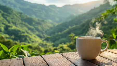 Steaming Cup of Coffee on Wooden Table in front of Lush Green Mountain Landscape at Sunriseの素材