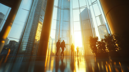 Silhouettes of Business People in Modern Office Lobby with City Views, Teamwork Concept.の素材