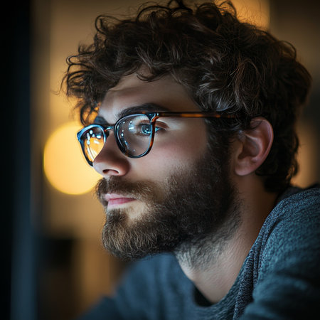 Focused IT Professional Working Late, Cybersecurity Expert Analyzing Data in Dark Officeの素材
