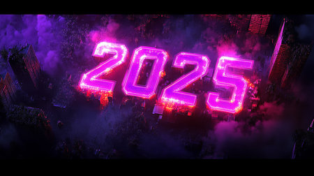 2025 Neon Sign with Fireworks on City Skyline, New Year Celebration and Futuristic Concept.の素材