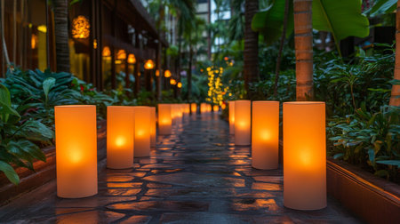 Illuminated Walkway With Luminous Lanterns Creating Glowing Ambiance In Tropical Settingの素材