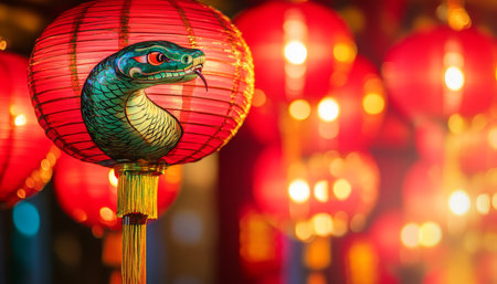 Red Chinese Lanterns with Snake Design for Chinese New Year Celebrations, Festive Backgroundの素材