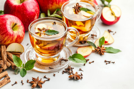 Two Glass Mugs of Hot Apple Cider with Spices, Fresh Apples, and Autumn Leaves on a White Backgroundの素材