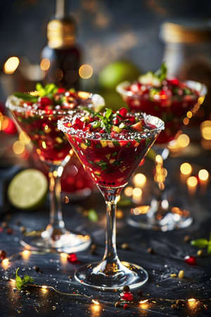 Ruby Red Cocktails Garnished with Fresh Herbs Served In Stemmed Glasses On A Festive Tableの素材