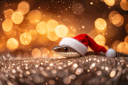 Cute Snake in Santa Hat on Sparkling Background Symbol of the Year 2025 in the Chinese Calendarの素材