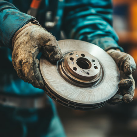 Close-Up of Mechanics Hands Holding Worn Brake Disc During Routine Vehicle Maintenanceの素材