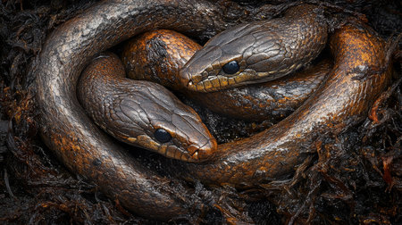 Two Brown Snakes Coiled Together in Close Proximity, Intertwined Reptile Bodies, Wildlife Encounterの素材
