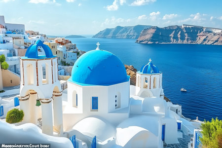 Scenic Santorini, Greece Iconic Blue Domed Church overlooking Aegean Sea and Volcanic Cliffsの素材