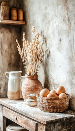 Rustic Kitchen Counter with Baking Ingredients, Earthy Tones, and Dried Wheat Arrangementの素材
