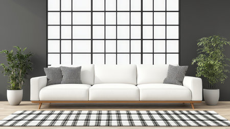 Modern Minimalist Living Room Interior with White Sofa, Large Window, and Indoor Plants.の素材