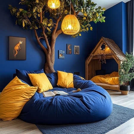Cozy Childrens Room Interior with Blue Wall, Decorative Tree, Beanbag Chair and Playhouse Bedの素材