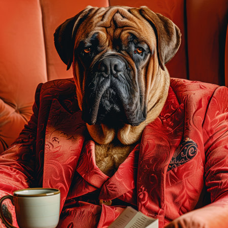 Sophisticated Canine in Red Suit Relaxes with Coffee and Literature on Luxurious Couchの素材