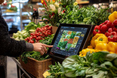 Customer Orders Produce from Digital Kiosk in Grocery Store with Fresh, Colorful Vegetablesの素材