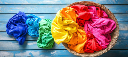 Colorful Laundry Day A Wicker Basket Overflowing with Bright Clothes Ready for Washingの素材