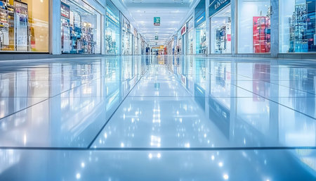 Empty Modern Shopping Mall Corridor With Closed Stores And Reflections On Shiny Floorの素材