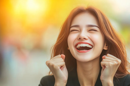 Excited Young Asian Businesswoman Celebrating Success, Achievement, and Career Growthの素材