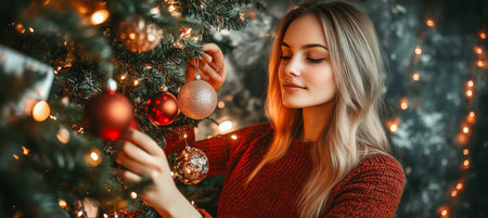 Girl Decorating Lush Christmas Tree with Ornamental Baubles, Embracing the Festive Spirit.の素材